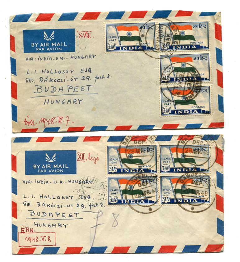 India. 1948. 2 db légiposta levél Darjeeling–Budapest