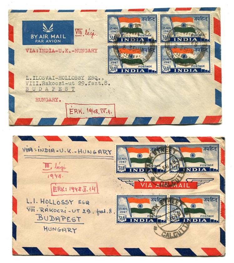 India. 1948. 2 db légiposta levél Calcutta–Budapest