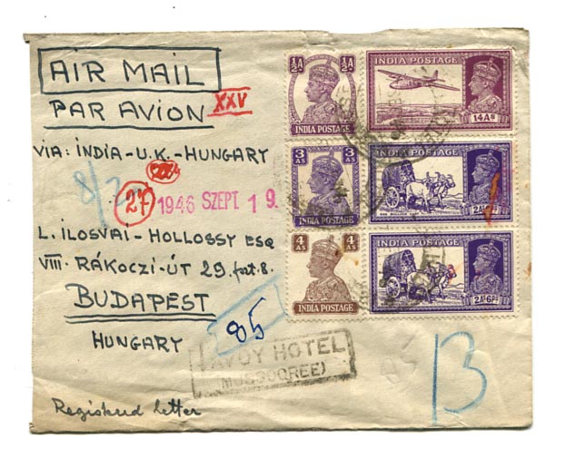 India. 1946.09. Légiposta ajánlott levél Mussooree–Budapest, hátul különleges bélyegzés: 