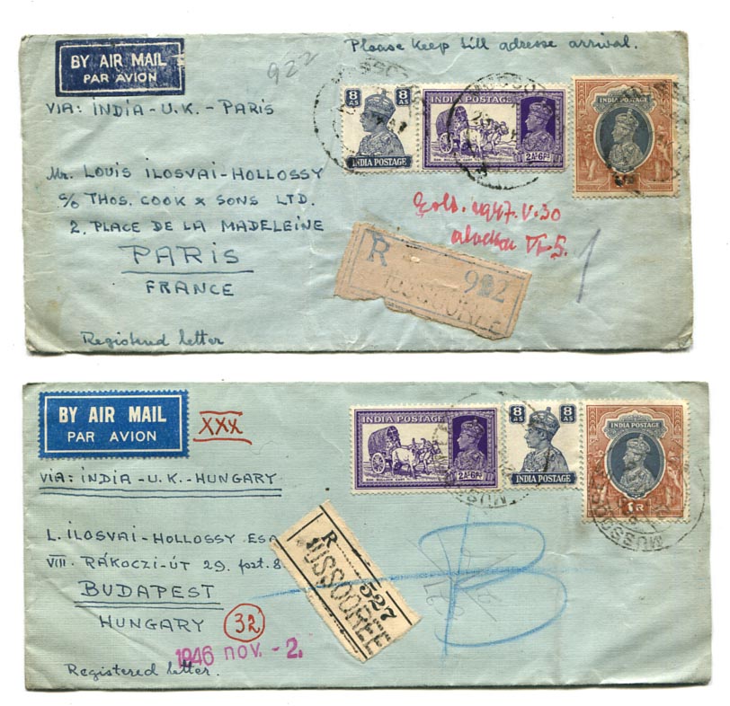 India. 194647. 2 db azonos bérmentesítésű ajánlott légiposta levél Mussooree–Budapest/Paris