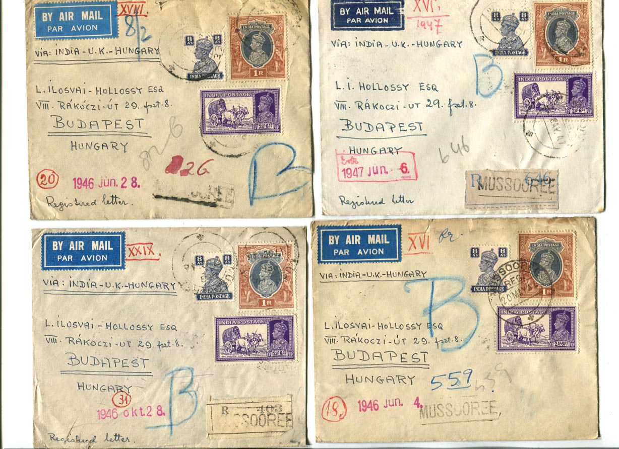 India. 1946.jún. és okt. 4 db azonos bérmentesítésű ajánlott légiposta levél Mussooree–Budapest