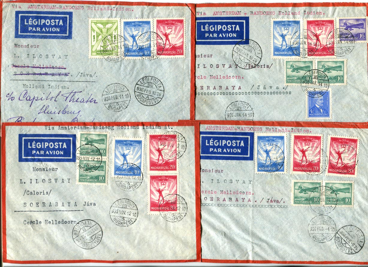 1935-36. 10 db légiposta levél Holland-Indiába. 9 db 1 P bérmentesítéssel (4 db egybélyeges), 1 db 1 P 20 f-rel