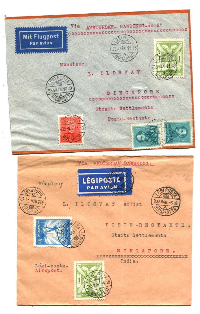 1935.03. 2 db légiposta levél Szingapúrba 1 P 40 f bérmentesítéssel. 40 f alapdíj, az 1 P pótdíj egybélyeges légiposta bélyeggel leróva.
