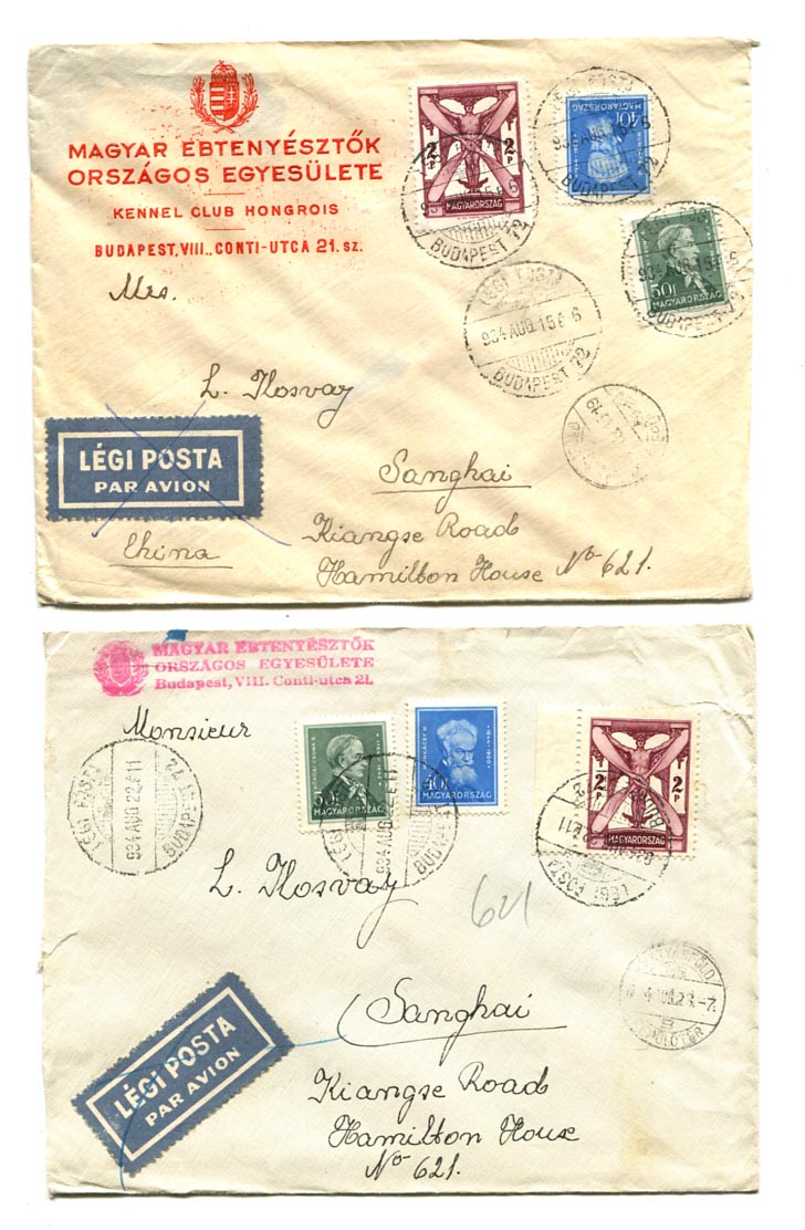 1934.08.15. 2 db légiposta levél Shanghaiba, Saigon átmenő bélyegzéssel, 2 P 90 f bérmentesítéssel. (40 f alapdíj, 2 P 50 f pótdíj)