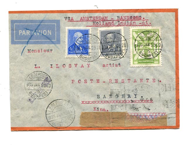 1935.01. Légiposta levél Shanghaiba 1 P 5 f bérmentesítéssel (40 f alapdíj, 65 f pótdíj), Saigon átmenő bélyegzéssel