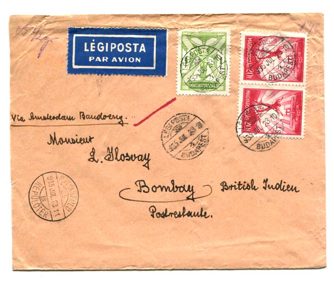 1935.07. Légiposta levél Bombay-be 1 P 40 f díjlerovással. 40 f alapdíj, 1 P pótdíj. (5 1/2 g)