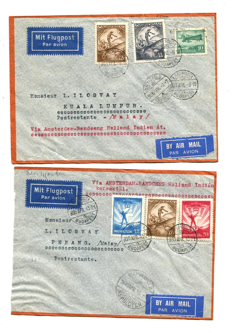1935.2 db légiposta levél Malajziába, kétféle díjlerovással: 1 P 30 f, ill. 1 P 32 f