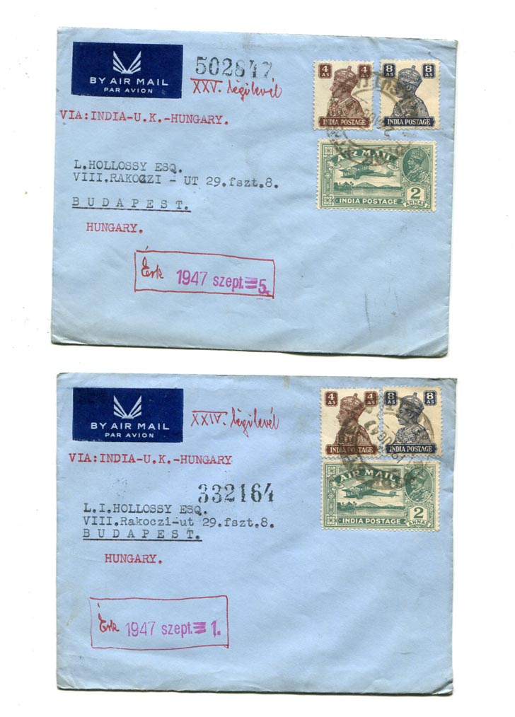 India. 1947.09. 2 db azonos bérmentesítésű légiposta levél Calcutta–Budapest