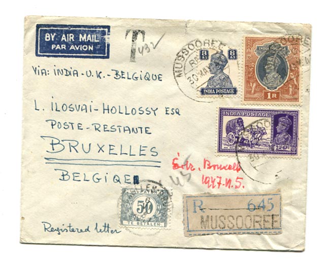 India. 1947.05.30. Ajánlott légiposta levél Mussooree–Bruxelles, 50 c belga portóval