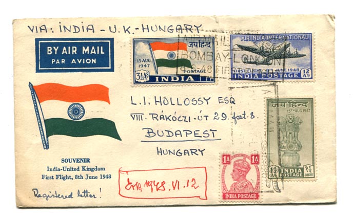 India. 1948.06.08. Ajánlott légiposta levél a független India első bélyegsorával, az India–Egyesült Királyság első légijárattal, Darjeeling–Budapest