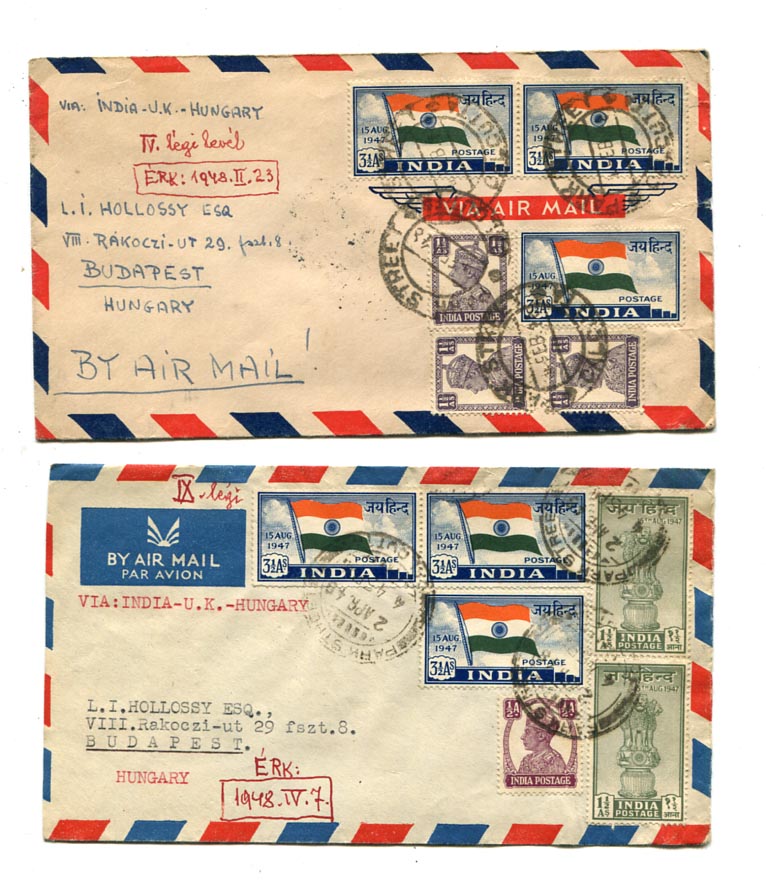 India. 1948. 2 db légiposta levél a független India első bélyegeivel, Calcutta–Budapest