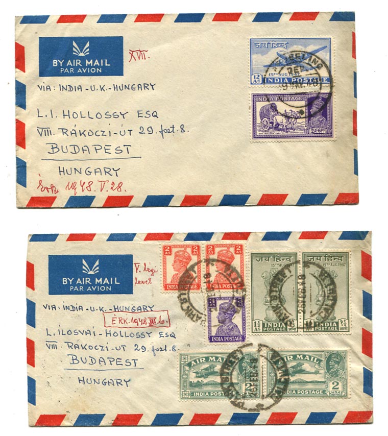 India. 1948. 2 db légiposta levél Calcutta ill. Darjeeling – Budapest