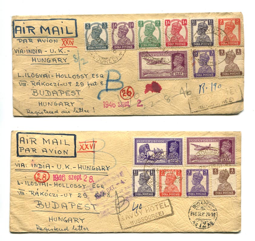 India. 1946.09. 2 db ajánlott légiposta levél Mussooree–Budapest