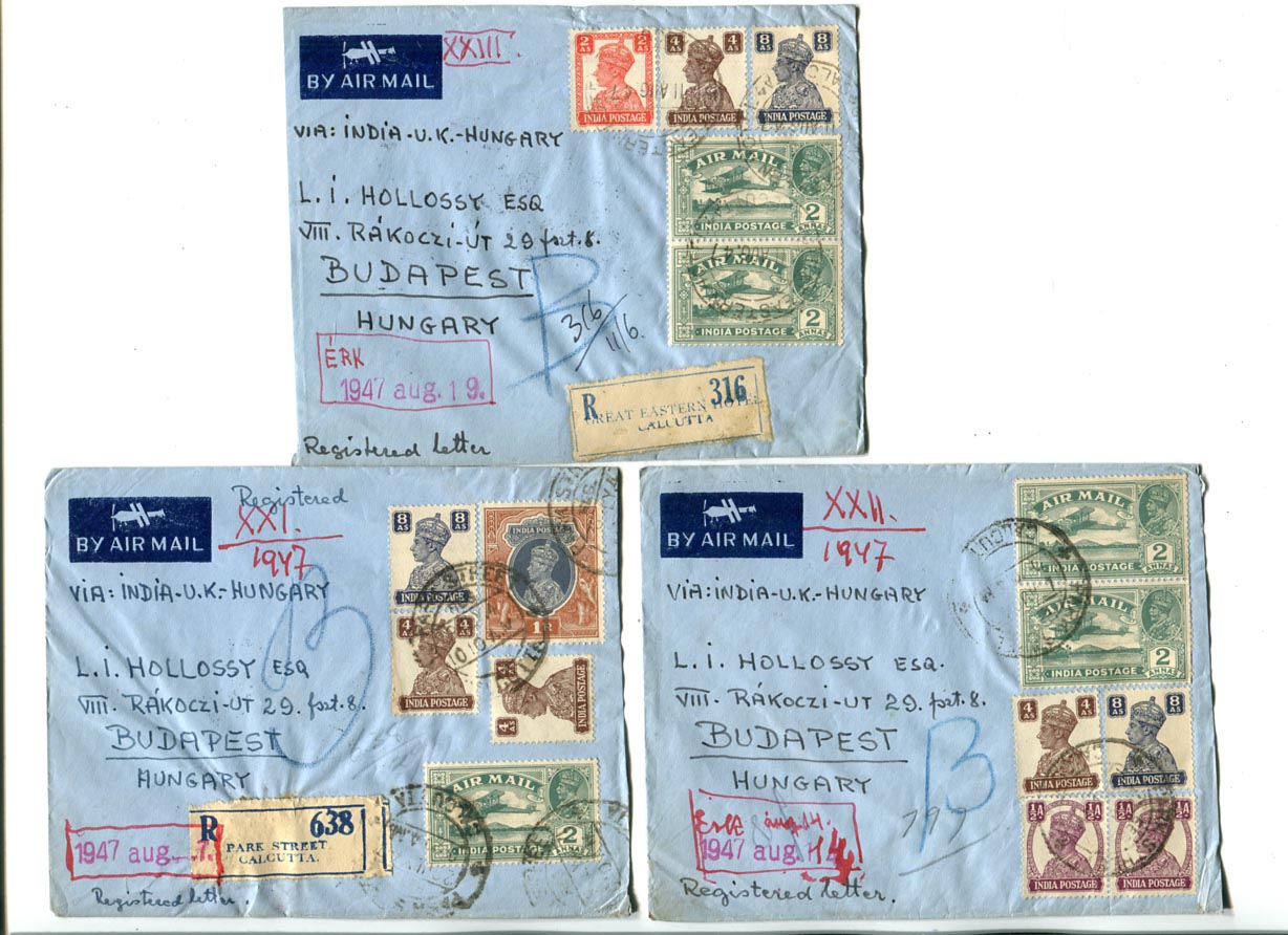 India. 1947. 3 db légiposta ajánlott levél (a leveleket a címzett sorszámozta, sorszámfolytonosak) Calcutta–Budapest