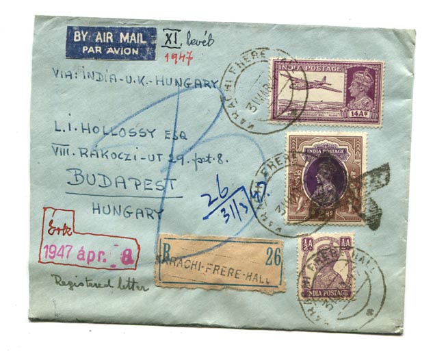 India. 1947.03.31. Légiposta ajánlott levél Carachi–Budapest