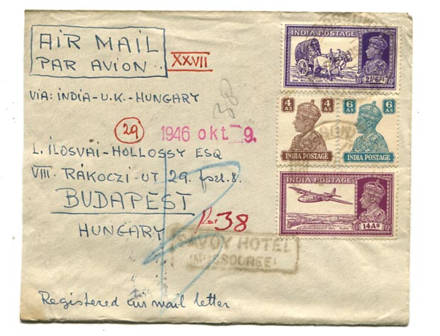 India. 1946.09. Ajánlott légiposta levél Mussooree–Budapest