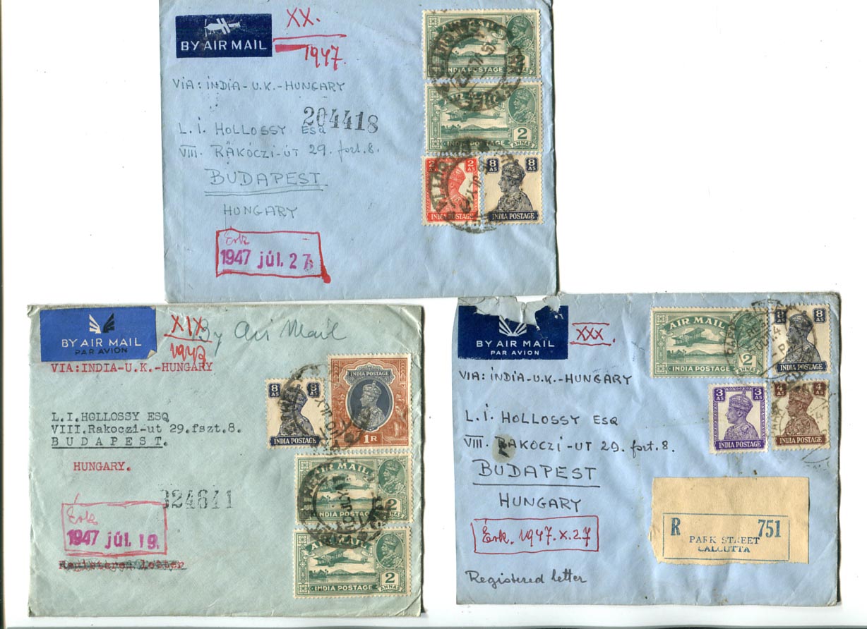 India. 1947.07. 3 db légiposta levél Calcutta–Budapest