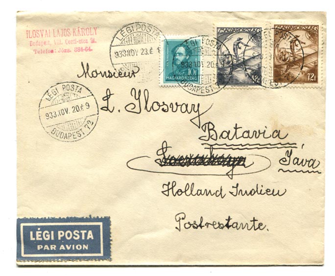 1933.11.23. Légiposta levél Batáviába, Holland-Indiába 1 P 30 f bérmentesítéssel.