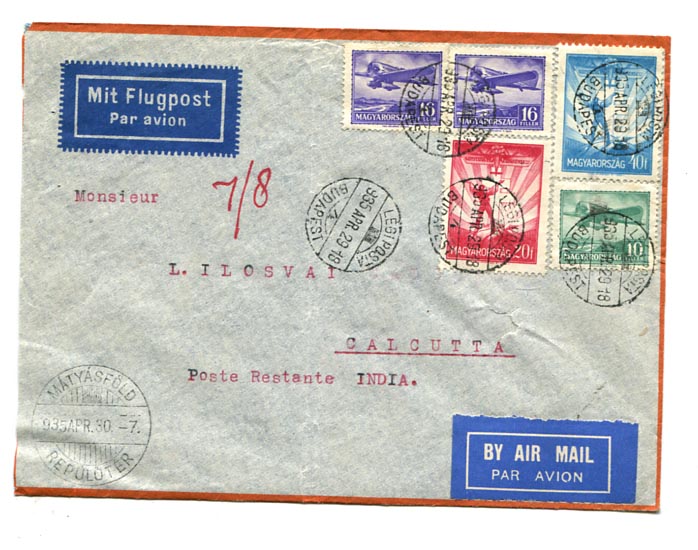 1935.04. Légiposta levél Calcuttába (India) 1 P 2 f díjlerovással: 40 f alapdíj, 62 f pótdíj.