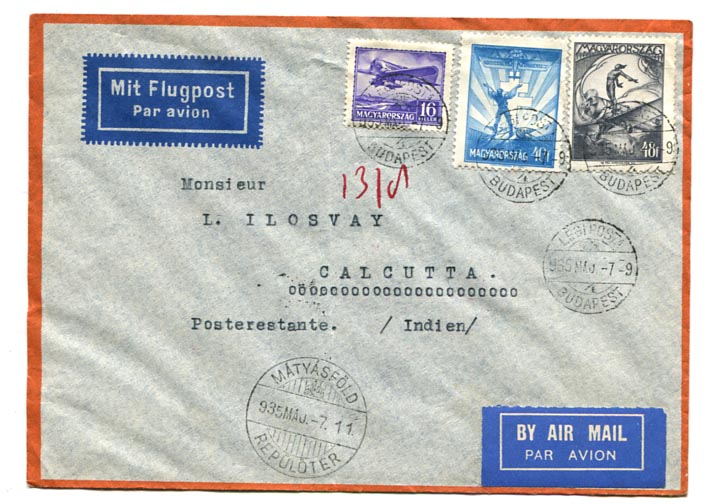 1935.05. Légiposta levél Calcuttába 1 P 4 f díjlerovással. A 40 f alapdíj repülőbélyeg lerovással.