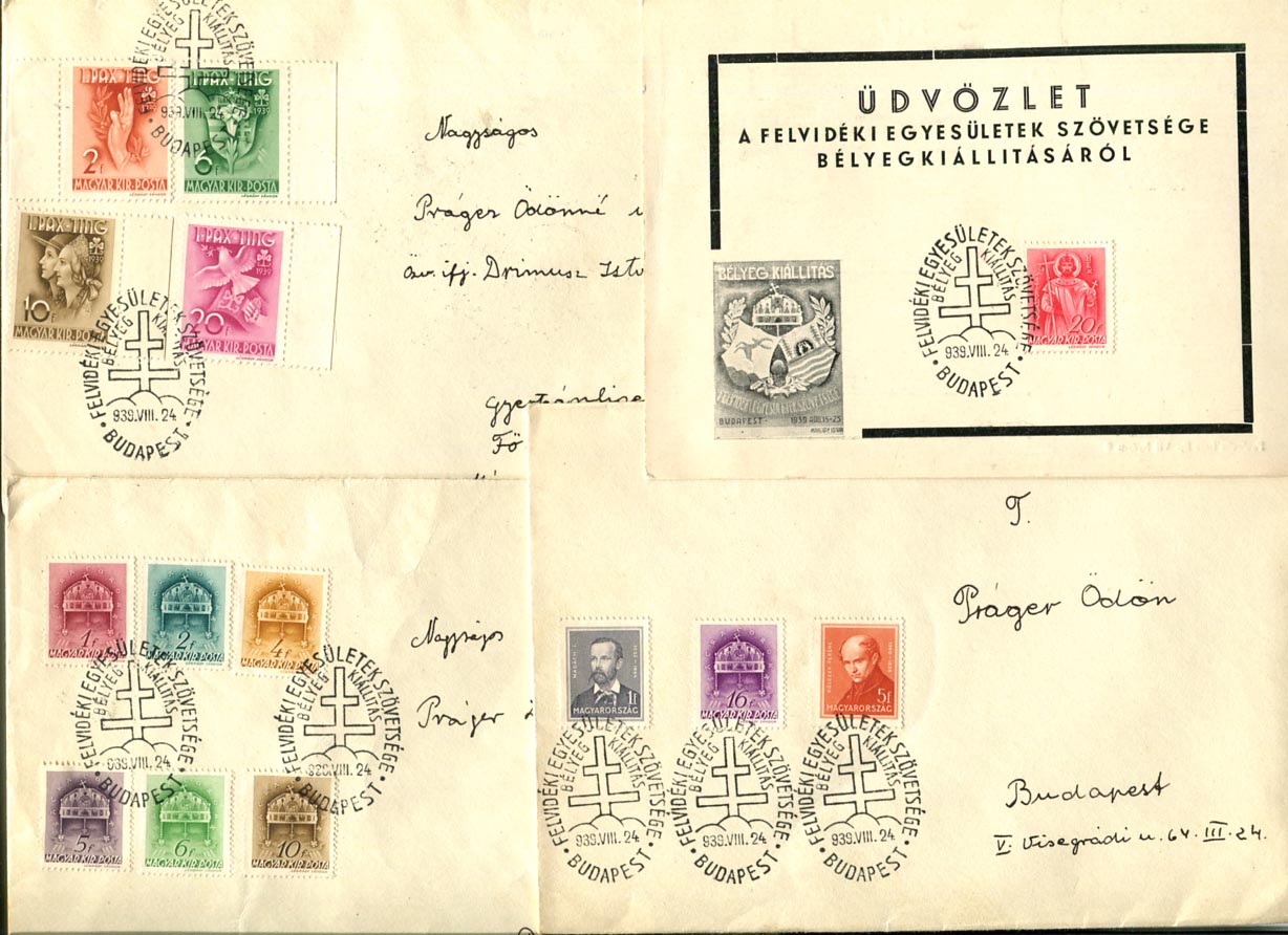 1939.08.24. 3 db levél, 2 db alkalmi levlap Felvidéki Egyesületek Szövetsége bélyegkiállítás alkalmi bélyegzéssel