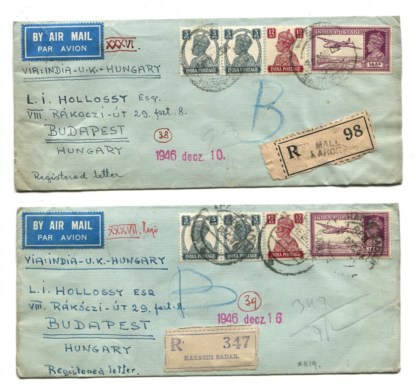 India. 1946.12. 2 db azonos díjlerovású ajánlott légiposta levél Budapestre (Lahore és Karachi)