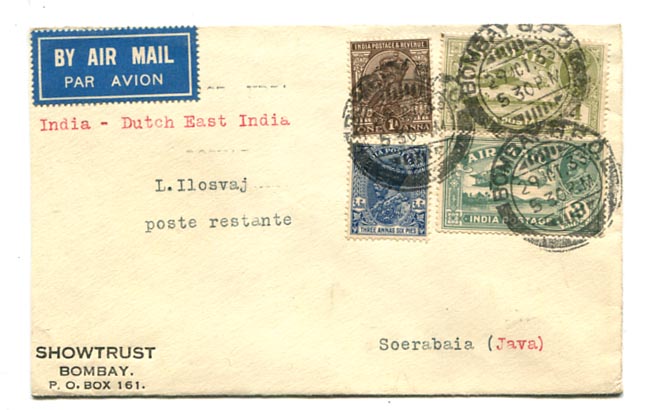 India. 1933. Légiposta levél Bombay – Calcutta – Soerabaya (Holland-India)