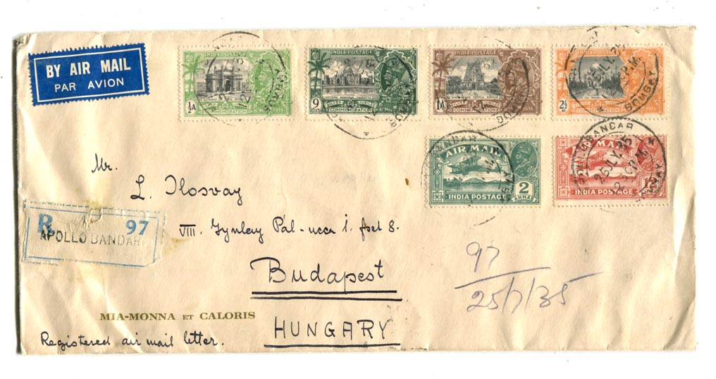 India. 1935. Ajánlott légiposta levél Bombay–Budapest