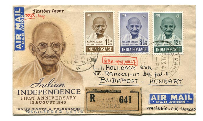 India. 1948.08.20. Ajánlott légiposta levél Gandhi bélyegekkel Bombay–Budapest