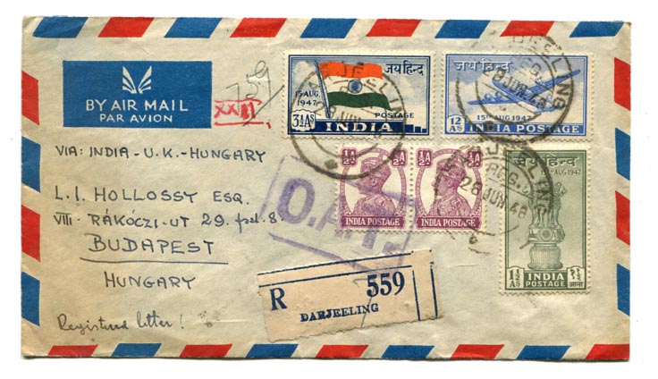 India. 1948. Ajánlott légiposta levél a nagyon ritka 