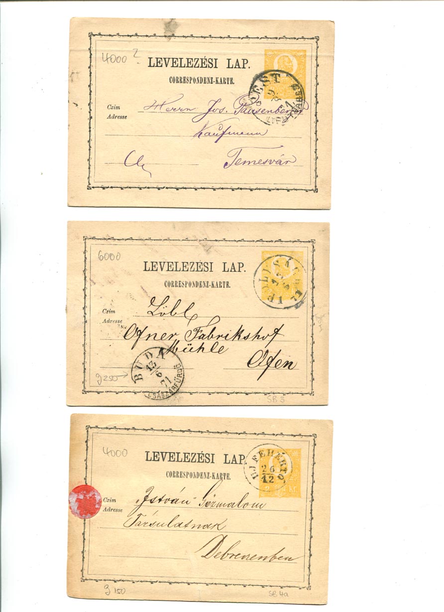 IBK – 3 db 1871-es 2 kr-os használt levlap, az egyiken Buda/Császárfürdő bélyegzés (250 p)