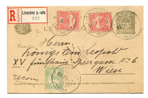 IBK – 1902. 5 f-es levlap (H36a) 25 f ajánlási díjkiegészítéssel, Livazény p.-udv. –Wien