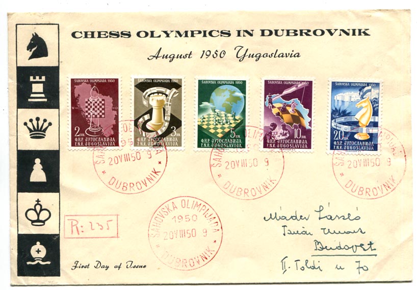 1950.08.20. Sakkolimpia sor piros, elsőnapi alkalmi bélyegzéssel (85 E)