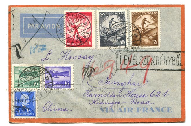 1934.10. Légiposta levél Shanghaiba 1 P 70 f díjlerovással (40 f alapdíj, 2x65 f pótdíj), a hátoldalon kínai 30+20 C portóbélyegekkel (fekbér?)