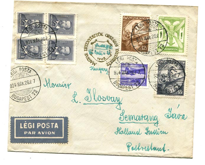 1934.03.26. Légiposta levél Semarangba (Holland-India) 2 P 40 f díjlerovással. (40 f alapdíj 2x1 P pótdíj)