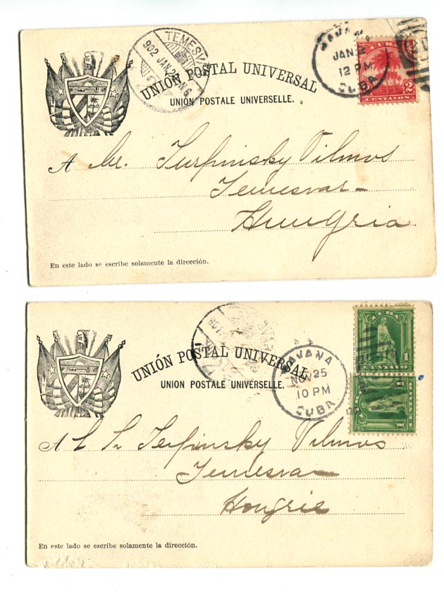 Kuba. 1902. 2 db képeslap Havana–Temesvár