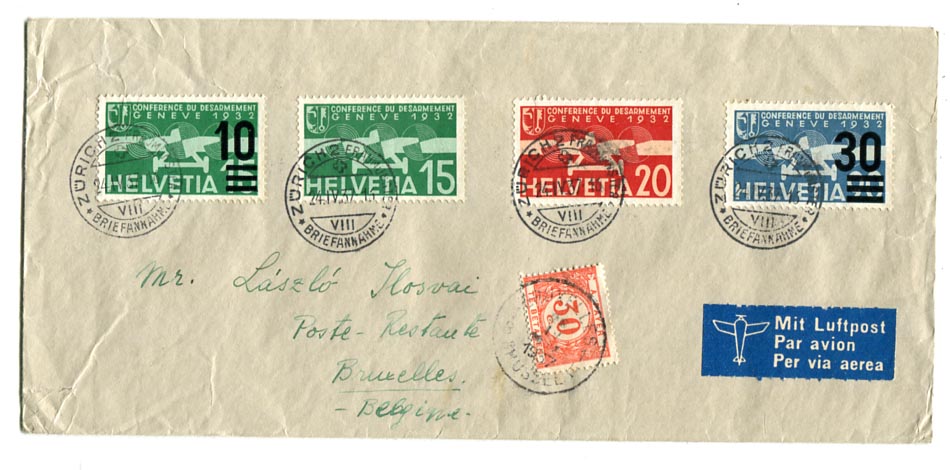 1937. Légiposta levél Zürich–Bruxelles, 30 C belga portóval