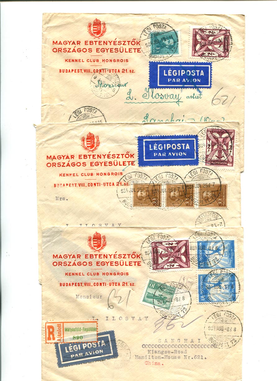 1934.07/08. 3 db légiposta levél Shanghaiba, 2 P 10 f, 2 db 2 P 90 f díjlerovással, Saigon átmenő bélyegzéssel