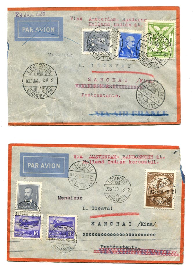 1935.01. és 02. 2 db légiposta levél Shanghaiba 1 P 5 f bérmentesítéssel, Saigon átmenő bélyegzéssel, a hátoldalakon 5 C kínai fekbér bélyeggel