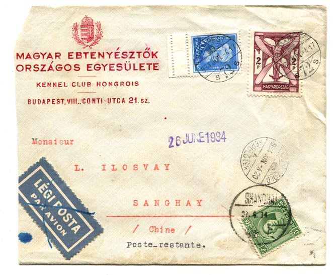 1934.06.04. Légiposta levél Shanghaiba, Saigon átmenő bélyegzéssel, 2 P egybélyeges pótdíj, 40 f alapdíj lerovással, 5 C kínai fekbér bélyeggel