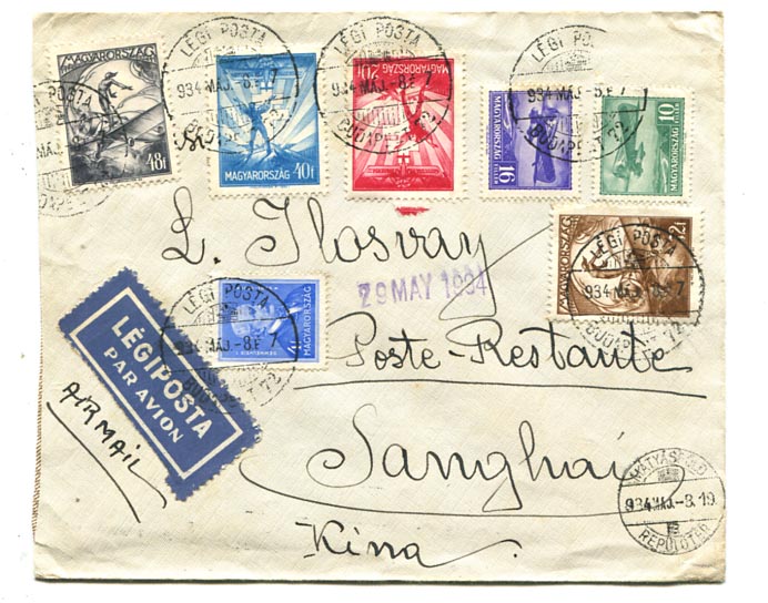 1934.05. Légiposta levél Shanghaiba Saigon átmenő bélyegzéssel, 2 P 10 f bérmentesítéssel, a hátoldalon 5 C kínai bélyeggel (fekbér?)