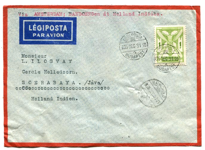 1935.12.31. Légiposta levél 1 P egybélyeges, légiposta bérmentesítéssel Holland-Indiába