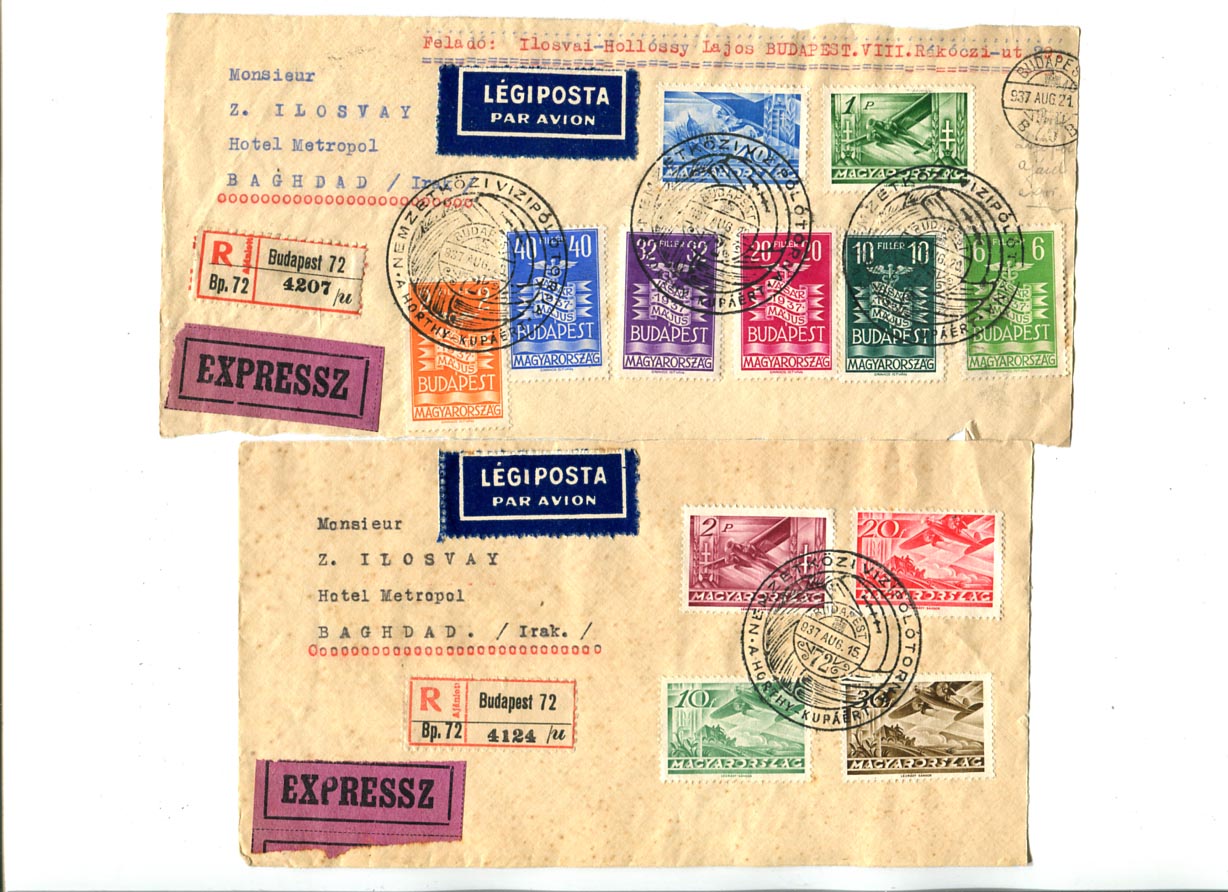 1934/37. 5 db légiposta levél előrész. 4 Bagdadba, 1 Shanghaiba