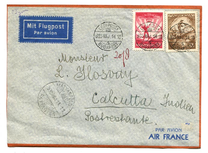 1935.05. Légiposta levél Calcuttába 92 f díjlerovással. 40 f alapdíj, 52 f pótdíj.