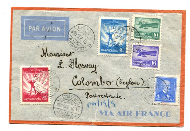 1935.09.10. Légiposta levél Ceylonba 90 f bérmentesítéssel: 40 f alapdíj, 50 f pótdíj