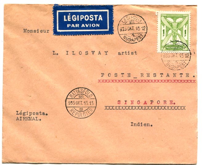 1935.10.15. Légiposta levél 1 P egybélyeges, légiposta bérmentesítéssel Szingapúrba