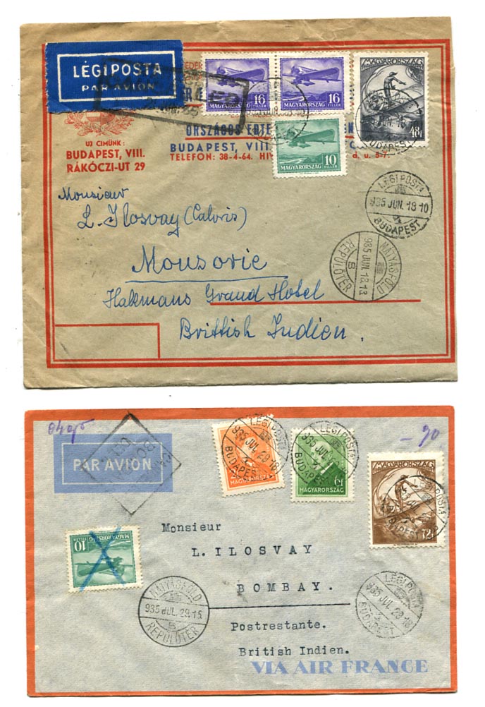 1935.06./07. 2 db légiposta levél Brit-Indiába (Mussoorie és Bombay) 90 f díjlerovással. 40 f alapdíj, 50 f pótdíj.