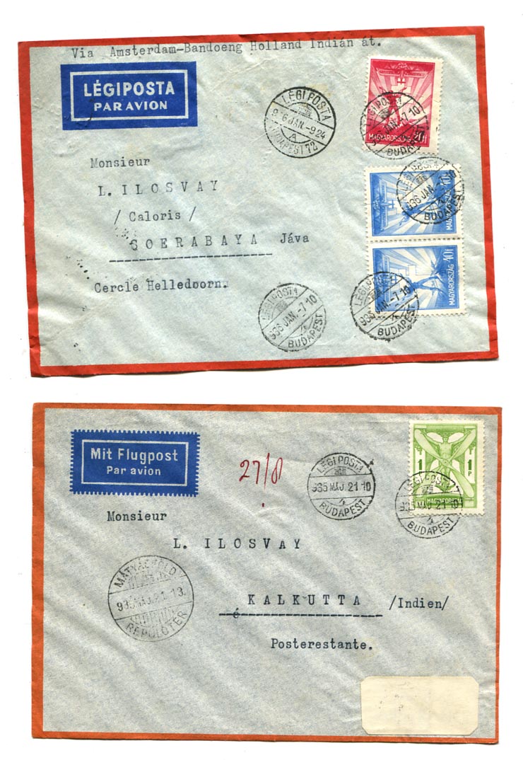 1936.01. 2 db légiposta levél Calcuttába és Jáva szigetére 1 P egybélyeges, ill. 40+40+20 f bérmentesítéssel