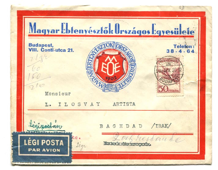 1933.04.20. Légiposta levél Irakba. (21 g, 2 P 10 f összdíj)