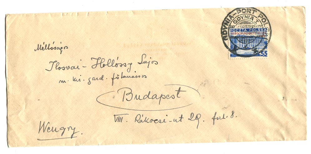 1936.11. Gordon-Benett 55 Gr. bélyeggel bérmentesített levél Gdynia–Budapest
